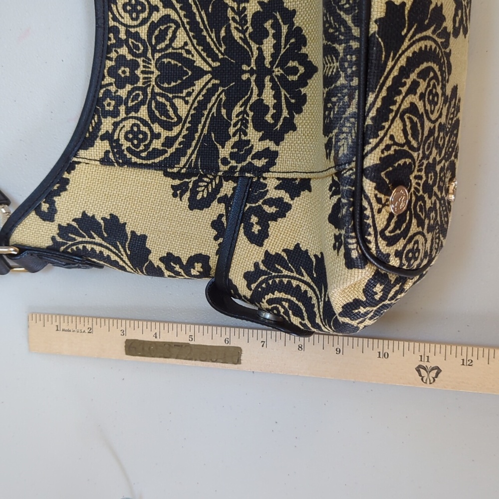 Spartina, Black and tan floral Paisley linen and leather shoulder bag. - Picture 9 of 13